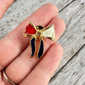 Vintage Jewelry Ribbon Pin Red White and Black Ribbon Pin Small Bow Pin